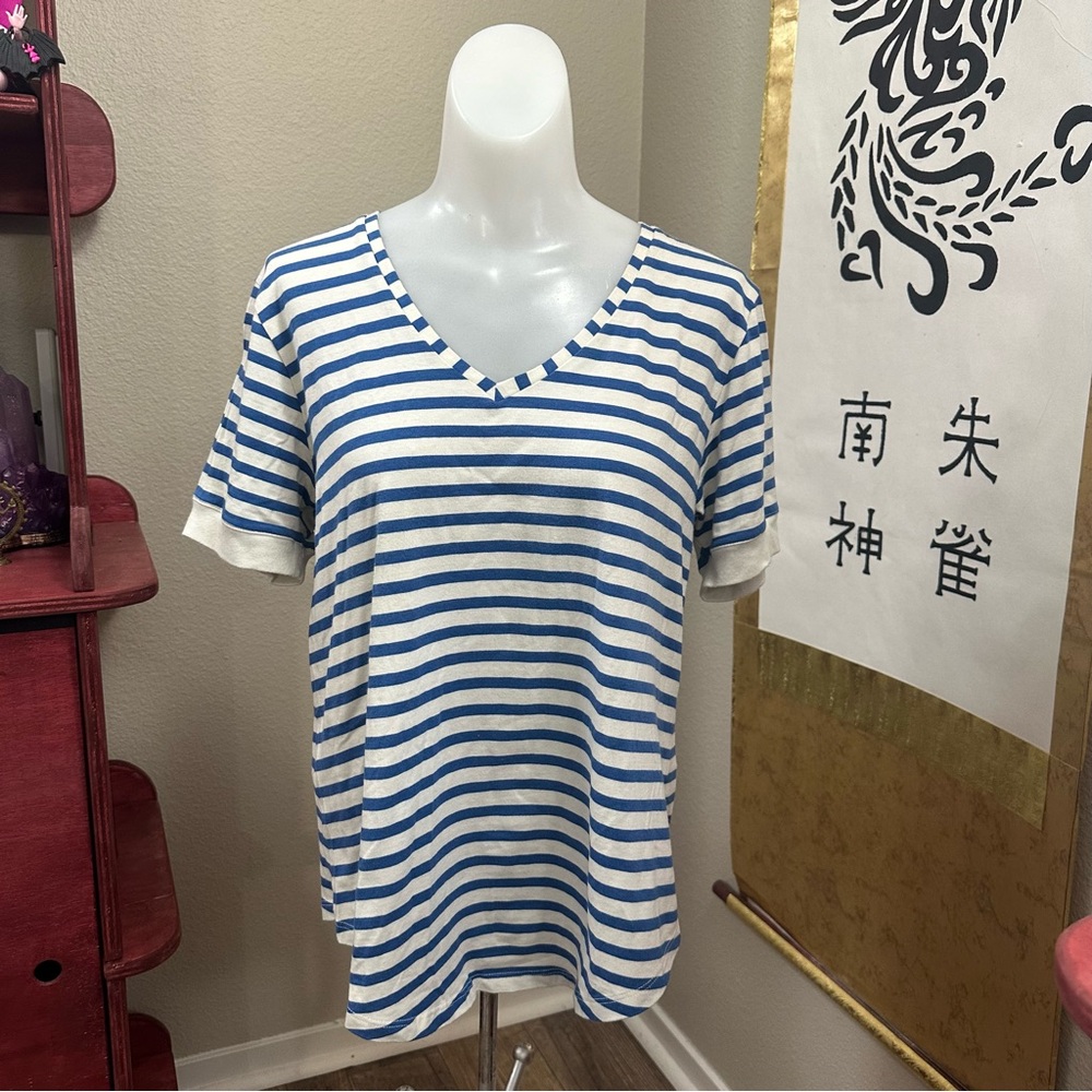 Universal Standard Blue and White Striped V Rex V-Neck Cotton T-Shirt | Sz 10-12